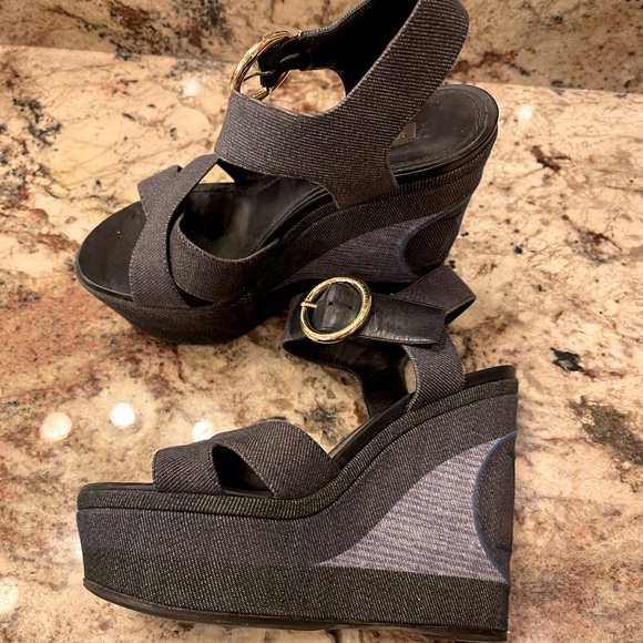 Louis Vuitton Shoes - Louis Vuitton Denim Blue Shore Wedge Sandals 36
